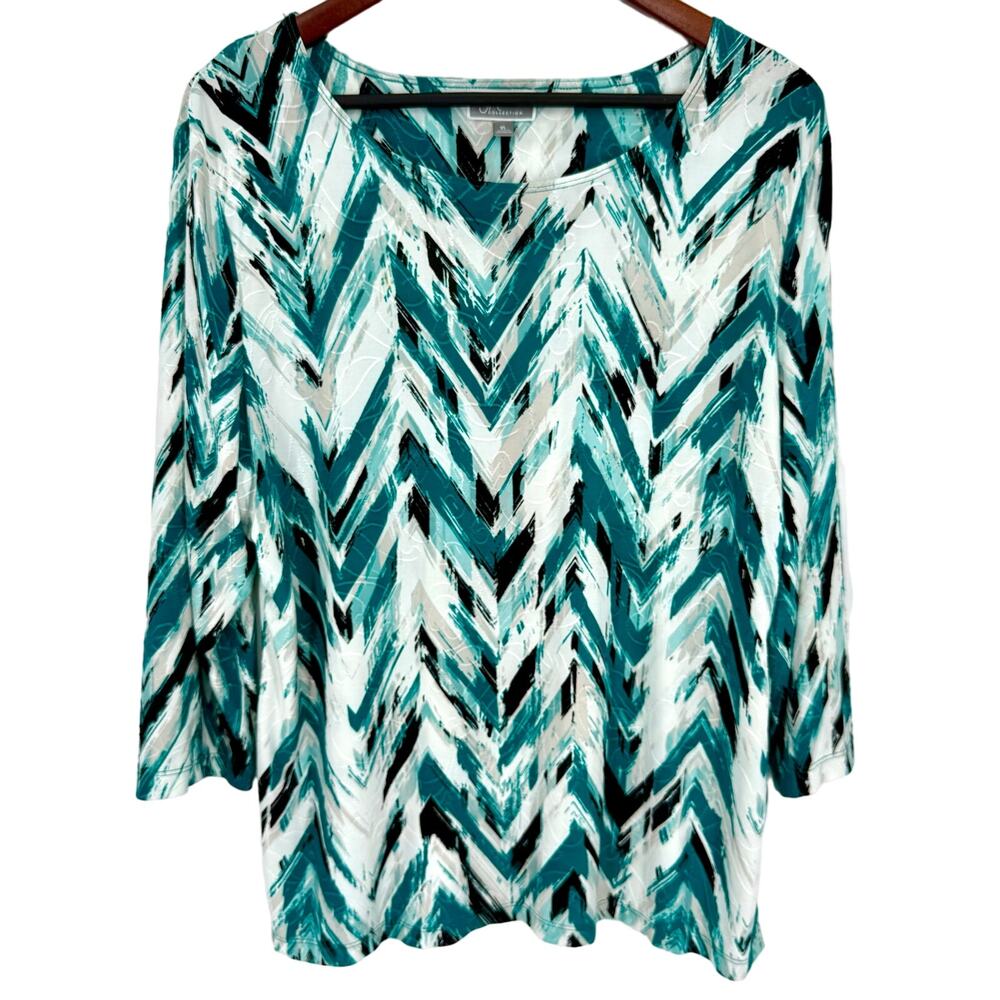 JM Collection Sz XL Super Stretchy Teal Green White Blouse Shirt Top